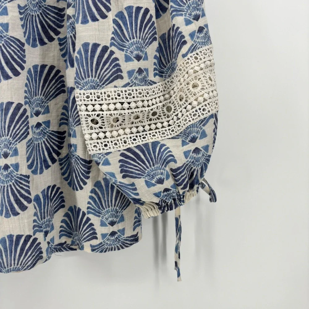 Zac‎ & Rachel Blue Shell Print Crochet Lace Square Neck Balloon Sleeve Blouse L